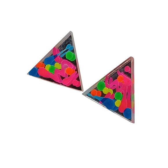 Vintage Triangle Resin Confetti Mirror Earrings with Bright Neon Splatter Accent - Picture 4 of 5